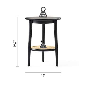 harmati Round Side Table with Storage - Black End Table for Living Room, Bedroom and Small Spaces, Modern Accent Bedside Tables Easy Assembly, Solid Wood Legs & Natural Rattan