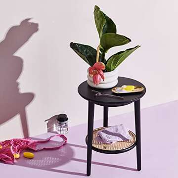 harmati Round Side Table with Storage - Black End Table for Living Room, Bedroom and Small Spaces, Modern Accent Bedside Tables Easy Assembly, Solid Wood Legs & Natural Rattan