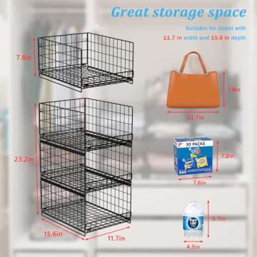 JKsmart 3-Tier Stackable Closet Organizers and Drawer Storage Shelves - Sliding Storage Bins for Jeans, Pants, and Sweaters - Wardrobe Cupboard Organizer for closet organization-Black