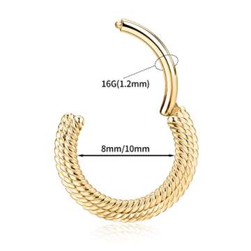 FUNLMO 16G Septum Nose Ring Septum Jewelry Septum Hoop Septum Piercings Septum Piercing Jewelry Septum Clicker Stainless Steel Seamless Hinged Nose Rings Hoop 8mm Cartilage Daith Helix Earrings Gold