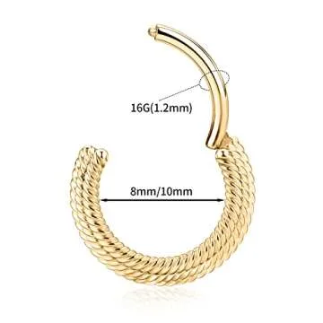 FUNLMO 16G Septum Nose Ring Septum Jewelry Septum Hoop Septum Piercings Septum Piercing Jewelry Septum Clicker Stainless Steel Seamless Hinged Nose Rings Hoop 8mm Cartilage Daith Helix Earrings Gold