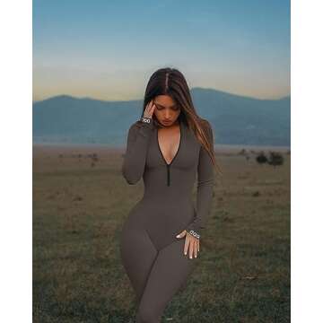 OQQ Women Yoga Jumpsuits Workout Ribbed Long Sleeve Zip Front Sport Jumpsuits Tea leaf