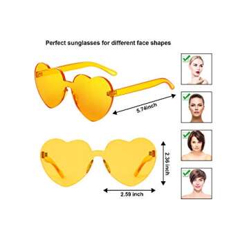 Gejoy Heart Shaped Love Rimless Sunglasses One Piece Transparent Candy Color Frameless Glasses Tinted Eyewear (11 Pairs Color G), Medium