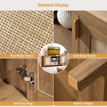 SICOTAS TV Stand for Living Room : Rattan TV Console Cabinet with Storage and Shelf, Boho Entertainment Center, 59" Media Console for 55, 65 Inch TV, 26" Tall Television Stands, Oak