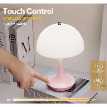 Mushroom Lamp Small Beside Touch Pink Table Lamp Modern Cordless Wireless Portable Rechargeable Cute...