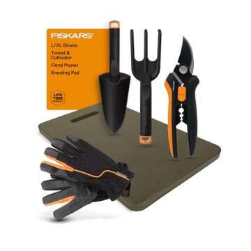 Fiskars Flower Gardening Tool Set with Floral Pruner, Trowel, Cultivator, Garden Gloves, and Ultra-Light Kneeling Cushion for Outdoor Use (5 Piece Kit)