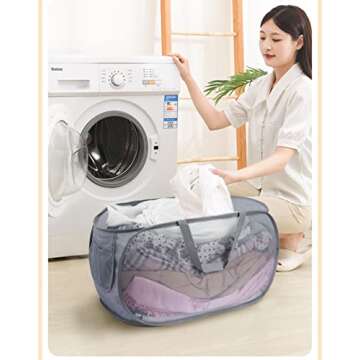 LVXINLI Foldable Mesh Laundry Hamper, Gray, Portable, Durable, with Strong Handles