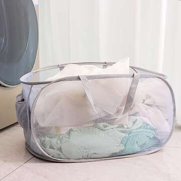 LVXINLI Foldable Mesh Laundry Hamper, Gray, Portable, Durable, with Strong Handles