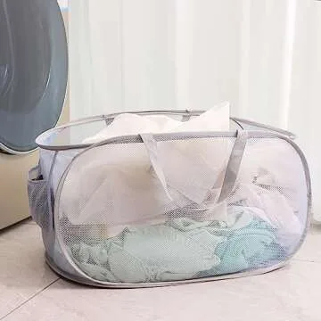 LVXINLI Foldable Mesh Laundry Hamper, Gray, Portable, Durable, with Strong Handles