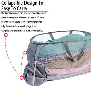 LVXINLI Foldable Mesh Laundry Hamper, Gray, Portable, Durable, with Strong Handles