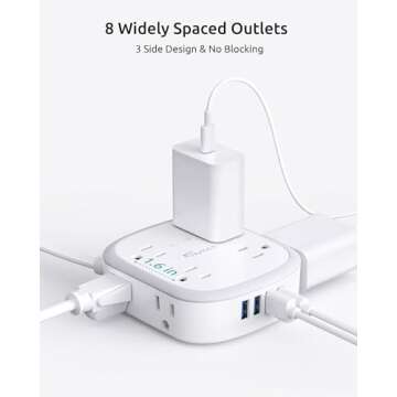 Surge Protector Power Strip Flat Plug, 5ft Ultra Thin Flat Plug Extension Cord, 8 Widely-Spaced Outl...