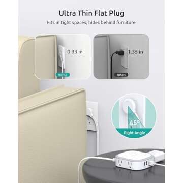 Surge Protector Power Strip Flat Plug, 5ft Ultra Thin Flat Plug Extension Cord, 8 Widely-Spaced Outlets & 4 USB (1 USB C), Wall Mountable, 1440J, Compact for Home Office Travel Dorm Room Essentials