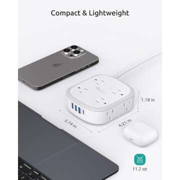 Surge Protector Power Strip Flat Plug, 5ft Ultra Thin Flat Plug Extension Cord, 8 Widely-Spaced Outlets & 4 USB (1 USB C), Wall Mountable, 1440J, Compact for Home Office Travel Dorm Room Essentials