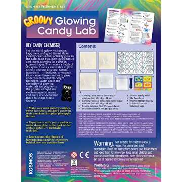 Thames & Kosmos Groovy Glowing Candy Lab STEM Kit | Make Glow-in-the-Dark Candies, Ice Cubes | Explore Luminescence & Chemistry of Gummies | Cool Shapes, Flavors, Safe to Eat | Includes LED Flashlight