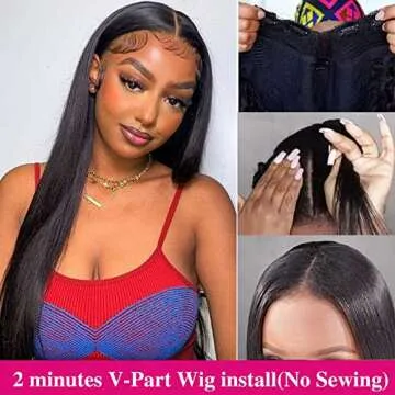 Legendhair Glueless V Part Wig Human Hair Straight Brazilian Virgin Human Hair Wigs for Black Women Upgrade U Part Human Hair Wig Full Head Clip In Half Wig No Leave Out U Part Wig 180% Density 24Inch