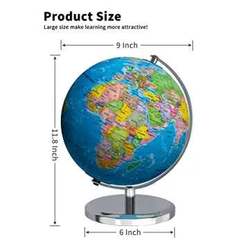 Waldauge 9" Illuminated World Globe with Stand, Earth Globes with Stable Heavy Metal Base for Kids Classroom Learning, LED Constellation Globe Night Light with HD Printed Map