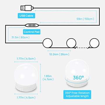 Consciot LED Vanity Lights For Mirror, Hollywood Style Vanity Lights With 10 Dimmable Bulbs, Adjustable Color & Brightness, USB Cable, Mirror Lights Stick on for Makeup Table Dressing Room, White