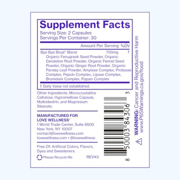 Love Wellness Bye Bye Bloat | Digestive Enzymes for Fast Acting Bloating Relief for Women | Helps Reduce Water Retention & Gas Relief | Supports Digestive Health with Fenugreek & Dandelion | 60 Count