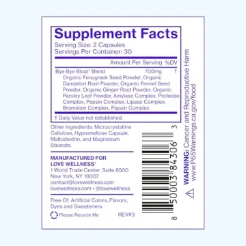 Love Wellness Bye Bye Bloat | Digestive Enzymes for Fast Acting Bloating Relief for Women | Helps Reduce Water Retention & Gas Relief | Supports Digestive Health with Fenugreek & Dandelion | 60 Count