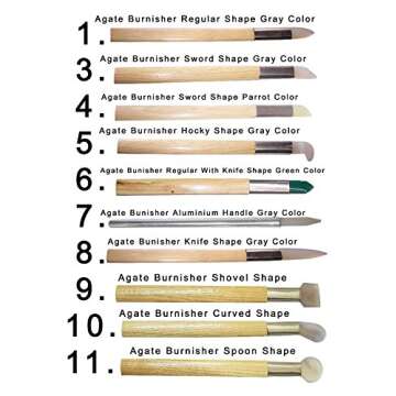 Agate Burnishers - 10 pc Set - Includes Leather Tool Roll - Bezel Gold Silver Leaf Tools for Bookbinding, Jewelry, Metal, Clay, Keeum-Boo. Colors Shown May Vary