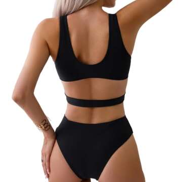 Favnac Women's Deep V Neck One Piece Swimsuit Sexy Cut Out Bathing Suit O-Ring Swimwear Black Large