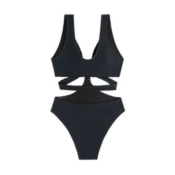 Favnac Women's Deep V Neck One Piece Swimsuit Sexy Cut Out Bathing Suit O-Ring Swimwear Black Large