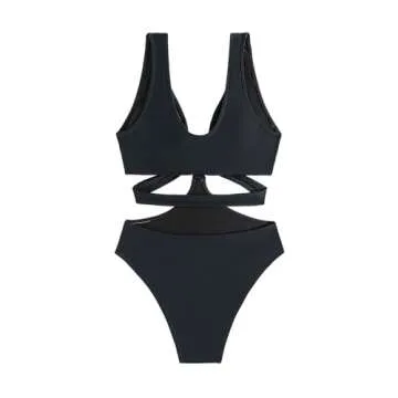 Favnac Women's Deep V Neck One Piece Swimsuit Sexy Cut Out Bathing Suit O-Ring Swimwear Black Large