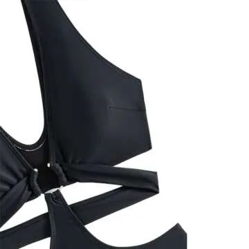 Favnac Women's Deep V Neck One Piece Swimsuit Sexy Cut Out Bathing Suit O-Ring Swimwear Black Large