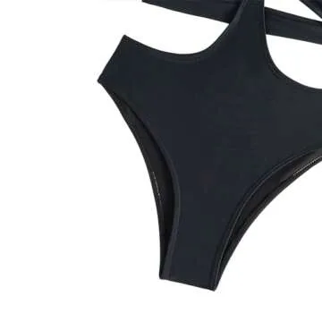 Favnac Women's Deep V Neck One Piece Swimsuit Sexy Cut Out Bathing Suit O-Ring Swimwear Black Large