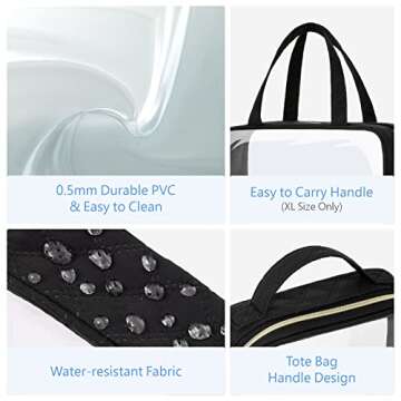 PACKISM Clear Toiletry Bags - 3 Pack Clear Makeup Bags with Handle Large Opening, Waterproof Clear Cosmetic Bags Fit Carry-on Travel Essentials, Travel Accessories Clear Travel Bags, Black