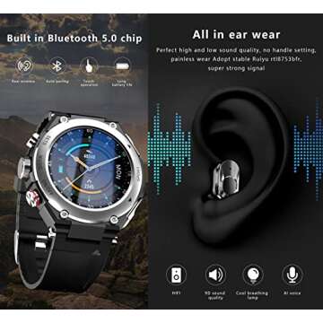 T92 Smart Watch with Earbuds MP3 Bluetooth Headset 3 in 1 1.28 Inch Smartwatch Built-in Wireless Earbuds Speaker Round Fitness Tracker Music Body Health Monitor (Black)