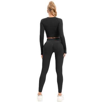 Workout Sets for Women Long Sleeve Crop Top High Waist Seamless Legging 2 Piece Outfits Sets Gym Matching Lounge Clothes(P068 Black M)