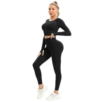 Workout Sets for Women Long Sleeve Crop Top High Waist Seamless Legging 2 Piece Outfits Sets Gym Matching Lounge Clothes(P068 Black M)