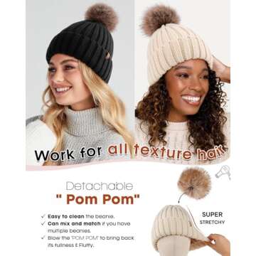 FURTALK Winter Beanie Hat - Satin Lined Pom Pom Style