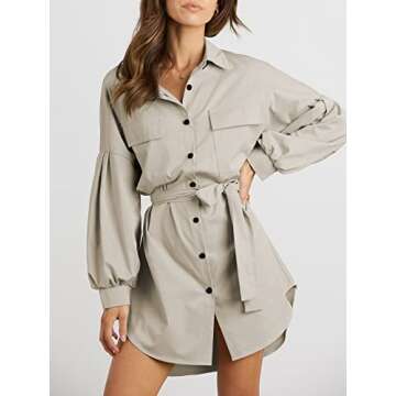 PRETTYGARDEN Women 2023 Button Down Belt Long Sleeve Casual Solid A Line Pockets Shirts Tunic Short Dress Fall Winter