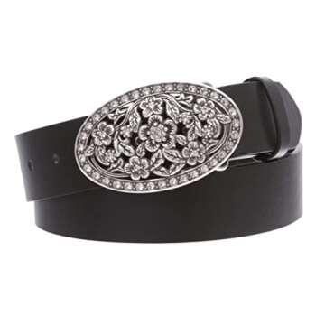 1 1/2" Women's Snap On Belt With Oval Perforated Engraved Crystal Rhinestone Western Floral Buckle, ...