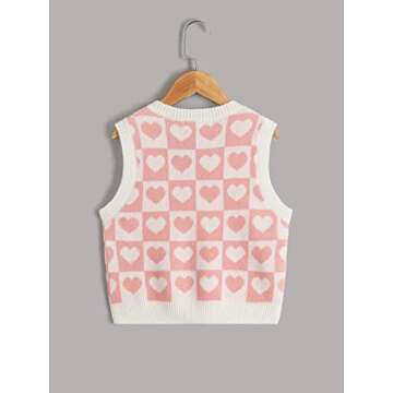 Floerns Girls Heart Print Sleeveless Sweater Vest V Neck Knitwear Tank Top Pink Multi 8Y