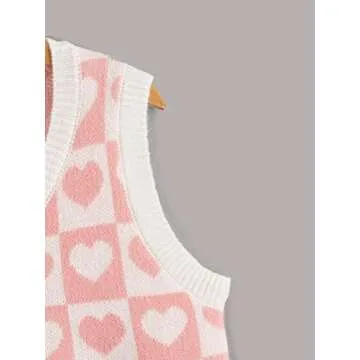 Floerns Girls Heart Print Sleeveless Sweater Vest V Neck Knitwear Tank Top Pink Multi 8Y