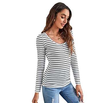 SweatyRocks Women's Casual Long Sleeve Ribbed Knit Button Henley Striped T Shirt