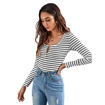 SweatyRocks Women's Casual Long Sleeve Ribbed Knit Button Henley Striped T Shirt