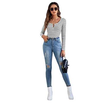 SweatyRocks Women's Casual Long Sleeve Ribbed Knit Button Henley Striped T Shirt