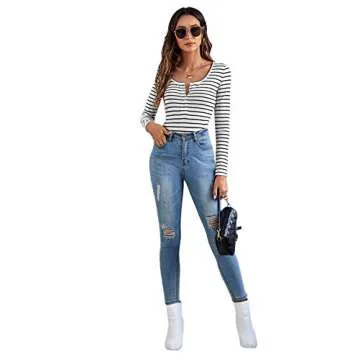 SweatyRocks Women's Casual Long Sleeve Ribbed Knit Button Henley Striped T Shirt