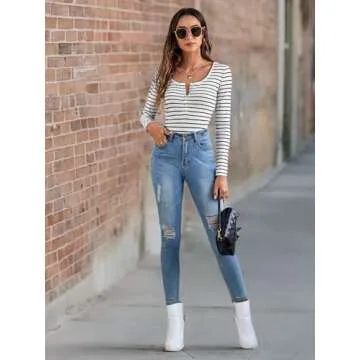 SweatyRocks Women's Casual Long Sleeve Ribbed Knit Button Henley Striped T Shirt