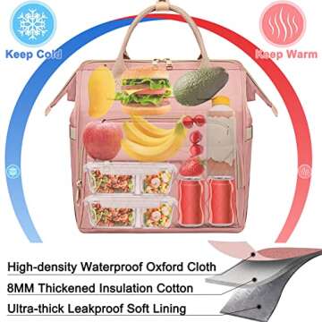 AIJIEKE Lunch Bag for Women, Large Lunch Box for Work Insulated Lunch Bag, Adult Leakproof Lunch Tote Cooler Bag with Side Pockets & Adjustable Strap, Lunch Purse for Picnic Beach Hiking, Pink