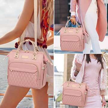 AIJIEKE Lunch Bag for Women, Large Lunch Box for Work Insulated Lunch Bag, Adult Leakproof Lunch Tote Cooler Bag with Side Pockets & Adjustable Strap, Lunch Purse for Picnic Beach Hiking, Pink