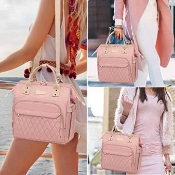 AIJIEKE Lunch Bag for Women, Large Lunch Box for Work Insulated Lunch Bag, Adult Leakproof Lunch Tote Cooler Bag with Side Pockets & Adjustable Strap, Lunch Purse for Picnic Beach Hiking, Pink