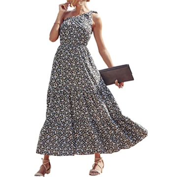 PRETTYGARDEN Women's Summer Floral Maxi Dress Knot One Shoulder Sleeveless Ruffle Flowy Boho Beach W...