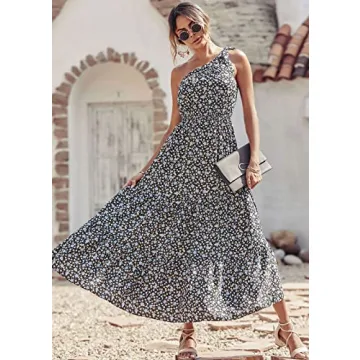 PRETTYGARDEN Women's Summer Floral Maxi Dress Knot One Shoulder Sleeveless Ruffle Flowy Boho Beach Wedding Guest Dresses