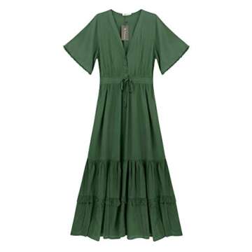 R.Vivimos Womens Summer Cotton Short Sleeve V Neck Floral Print Casual Bohemian Midi Dresses (Small, ArmyGreen)