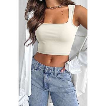 Meyeeka Womens Sleeveless Strappy Tank Square Neck Workout Fitness Casual Basic Crop Tops Beige XS